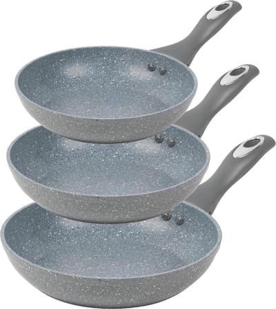 Non Stick Collectie 20 cm, 24 cm en 28 cm koekenpannen, bakeliet handvat, marmeren coating, ideaal voor vis, vlees en groenten, grijs