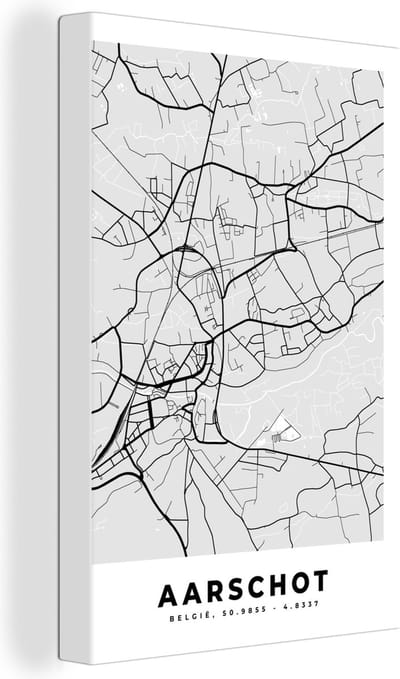 Canvas Schilderij Kaart – Plattegrond – Stadskaart – Aarschot – België – Zwart Wit - 20x30 cm - Wanddecoratie