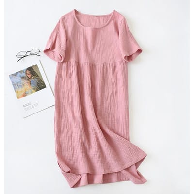 Zomer Nachthemden Comfortabel Effen Kleur Katoen Gaas Lange Rok Huis Nachtjaponnen Dames Ronde Hals Nachthemd Dunne Sectie L pink