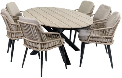7-delige tuinset | 6 Isabel stoelen (Sand) | 220cm ovale Cyprus tuintafel (Wood)