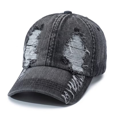 Zwart grijs distressed baseball pet dames en heren – cap met gescheurde denim look en gebogen klep – verstelbare vintage baseball pet met washed effect – unisex casual pet voor streetwear en dagelijks gebruik