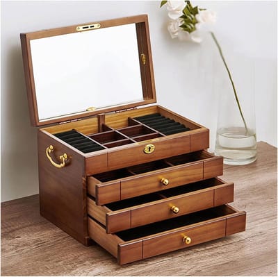 Houten Sieradendoos - Sieradenkistje Organizer - Sieraden Opbergen - Met Slot en Spiegel - 3 Lagen - Houtkleur
