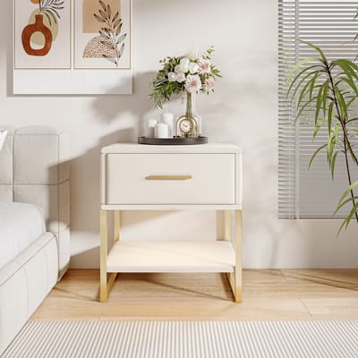 LED-nachtkastjes, set van 2, bijzettafel met lade en open plank, metalen poten, fluwelen bekleding, salontafel voor woonkamer, slaapkamer, naast de bank, beige