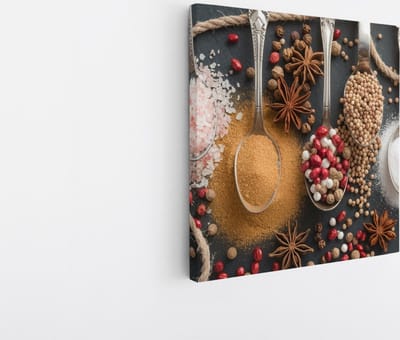 Saammp Canvas Schilderij - 4 Lepels met specerijen - 20x20 - Foto op canvas - Wanddecoratie - Muurdecoratie keuken - Slaapkamer decoratie - Canvas Print