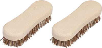 Set van 2x stuks schrobborstel van hout - met fiber/palmvezel luiwagen - 8-vorm bruin - schoonmaakartikelen/schoonmaakborstels