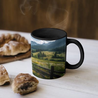 Magische Mok - Foto op Warmte Mokken - Koffiemok - Veld - Hek - Bergen - Bloemen - Magic Mok - Beker - 350 ML - Theemok