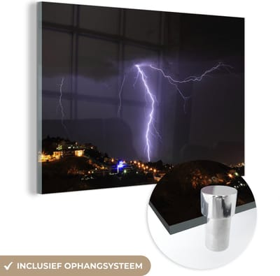 ® Glasschilderij 180x120 cm - Schilderij acrylglas - Bliksem boven de helling van Johannesburg in de nacht - Foto op glas - Muurdecoratie woonkamer - Wanddecoratie slaapkamer - Schilderijen