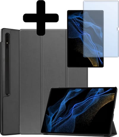 Hoes - Geschikt voor Samsung Galaxy Tab S9 Ultra - Met Screenprotector - Trifold Bookcase - Hard Cover Case - Met Uitsparing Geschikt voor S Pen - Hardcover Book - Tablet Hoesje - Grijs