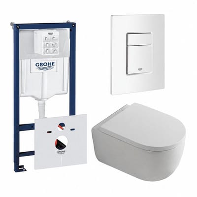 QeramiQ Dely Swirl Toiletset - 36.5x 53cm - Grohe Rapid inbouwreservoir - 35mm zitting - witte bedieningsplaat - rechthoekige knoppen - wit mat
