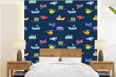 Behang - Fotobehang Patronen - Vliegtuig - Boot - Vrachtwagen - Jongetje - Jongens - Kinderen - Kids - Breedte 220 cm x hoogte 240 cm