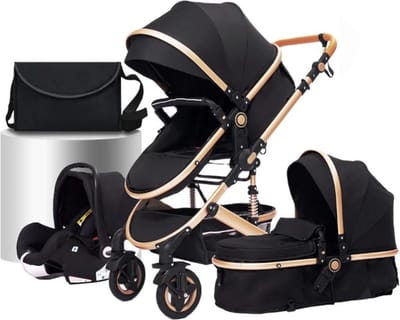 3 In 1 Kinderwagen - Reiswieg - Buggy - Inklapbaar - 0-36 Maanden - Kleur Zwart Goud - Inclusief Autostoel