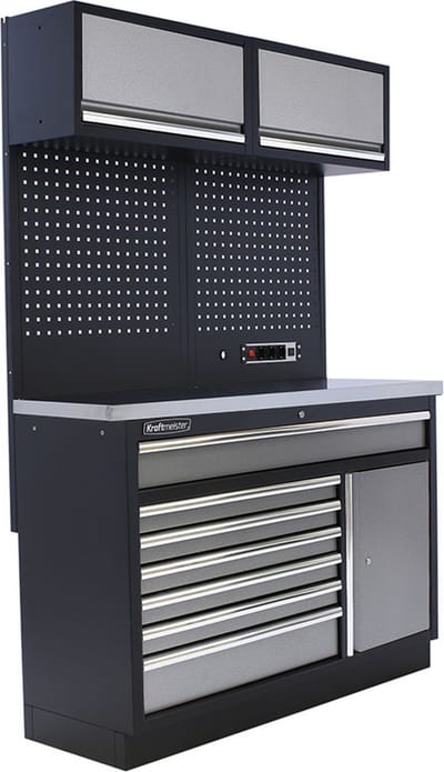 Kraftmeister werkplaatsinrichting - Werkbank met 2 wandkasten en RVS werkblad - Werktafel met 7 laden, 1 opbergkast en gereedschapswand - Complete set voor werkplaats of garage - Grijs