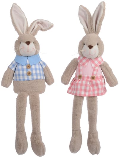 Decoris - Paaskonijnen Koppel - Set van 2 Staande Hazen Geruite Kleding - Blauw en Roze - Polyester - H58.5cm