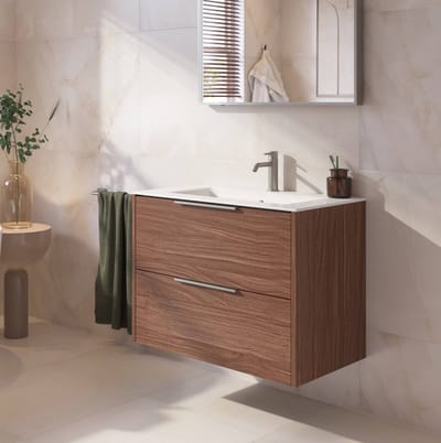Saqu Lima badmeubel incl. glans witte keramische wastafel 80x46x61cm noten urban – rvs greep