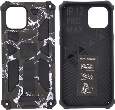 Hoesje Geschikt voor iPhone 12 Pro Max Hoesje - Rugged Extreme Backcover Marmer Camouflage met Kickstand - Zwart