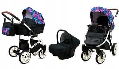 BabyLux® Kinderwagen 3in1 – OPTIMAL - COLORFUL FEATHERS WHITE FRAME - Opklapbare Wandelwagen incl. Reiswieg, Multifunctionele Buggy Sportstoel, Autostoel - Combi-kinderwagen met Luiertas, Regenhoes, Klamboe, Bekerhouder, etc.