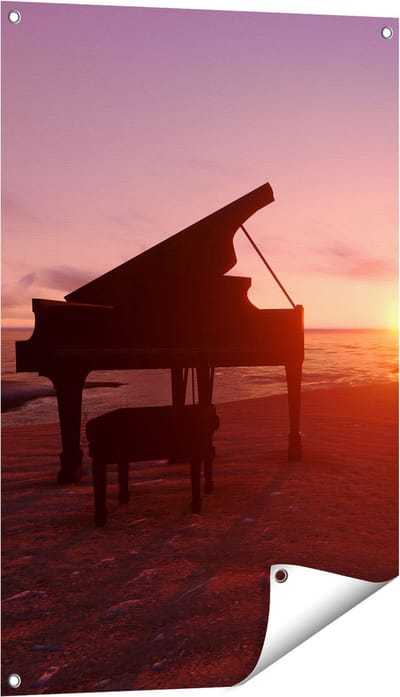Gards Tuinposter Piano op het Strand bij Zonsondergang - 60x90 cm - Tuindoek - Tuindecoratie - Wanddecoratie buiten - Tuinschilderij