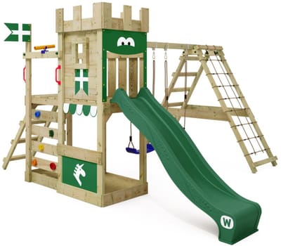 Wickey DragonFlyer Speeltoestel - Dubbele schommel met Glijbaan en Klimaanbouw - Zandbak & Klimrek - 362x433x235 cm - Groen