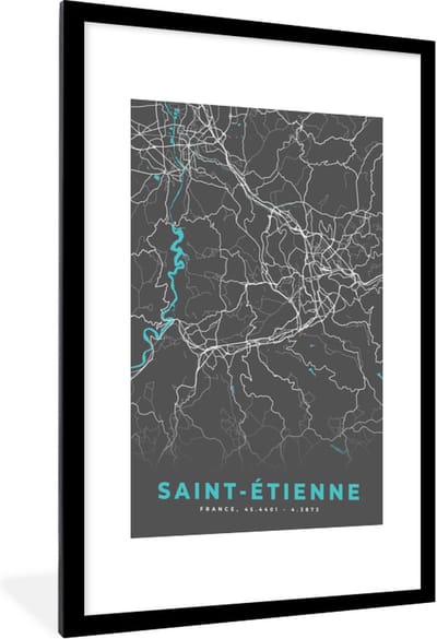 Fotolijst incl. Poster - Saint-Étienne - Frankrijk - Stadskaart - Kaart - Plattegrond - 60x90 cm - Posterlijst