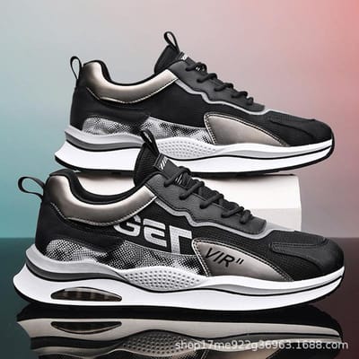 Reisschoenen Lente Nieuwe Stijl Heren Modieuze Casual Luchtkussen Zachte Zool Hardloopschoenen Vliegend Mesh Trendy Sportschoenen 44 zwart