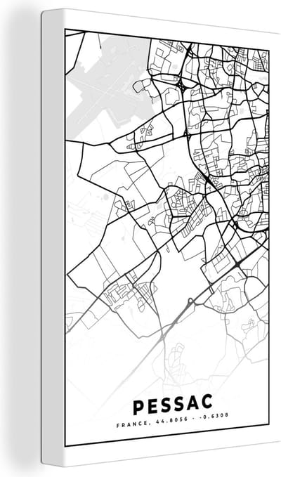 Canvas Schilderij Kaart - Stadskaart - Frankrijk - Plattegrond - Pessac - Zwart wit - 20x30 cm - Wanddecoratie