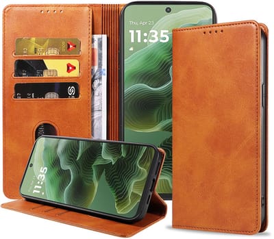 Geschikt voor Motorola Moto G35 Telefoonhoesje Kunstleer met Magnetische sluiting en Pasjeshouder Bookcase met Klepje - Walletcase with Cardslot - Bruin - Smartphonica geschikt voor Motorola Moto G35