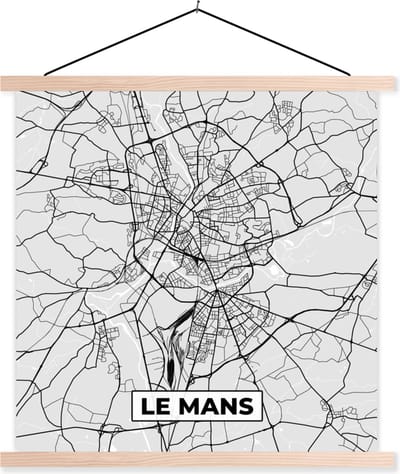 Posterhanger incl. Poster 40x40 cm - Schoolplaat - Plattegrond - Le Mans - Stadskaart - Kaart - Frankrijk - Textielposter - Blanke latten - Stadskaart