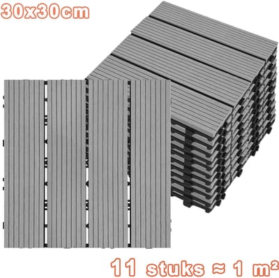 Set van 11 Houten Look Terrastegels 30 x 30 cm - WPC Tuintegels voor Balkon, Patio en Tuin, Makkelijk te Plaatsen en Aan te Pasen, Lichtgrijs
