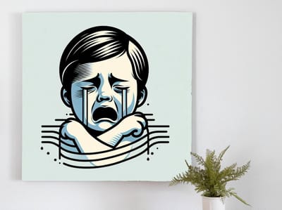 Modern huilend kind schilderij | Tranen van de toekomst: Hedendaagse expressie van kinderlijke emoties | Kunst - 100x100 centimeter op Canvas | Foto op Canvas