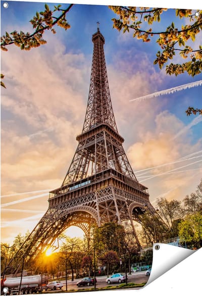 Gards Tuinposter Eiffeltoren in Parijs tijdens Zonsondergang - 80x100 cm - Tuindoek - Tuindecoratie - Wanddecoratie buiten - Tuinschilderij