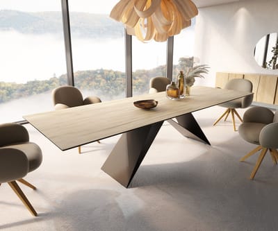 Eetkamertafel Edge keramiek Laminam® Sabbia eiken kleur 300x100 V-frame vlak staal zwart