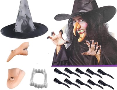 Volwassen Wolf Kostuum voor Feestjes en Halloween met Accessoires Set van 5 (Neus, Kin, Nagel, Tanden en Hoed)