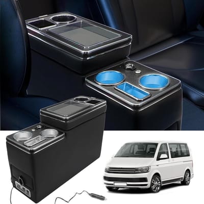 Middenconsole voor voertuigen - armleuning opbergbox - geschikt voor diverse VW modellen - inclusief bekerhouder - zwart glanzend - met lederen accessoires - ledlamp en USB-poort