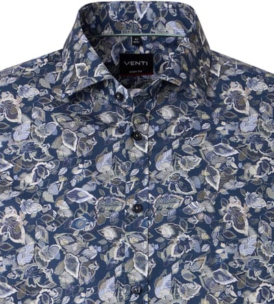VENTI body fit overhemd - popeline - donkerblauw met lichtblauw en grijs dessin - Strijkvrij - Boordmaat: 40
