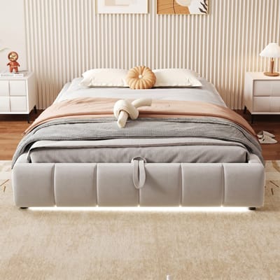 VVBV Gestoffeerd Opbergbed 140x200 cm - Hydraulische Opbergruimte, LED-Verlichting, Hoofdbord, Voor Kinderen/Tieners - Beige