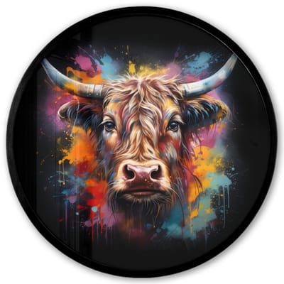 Poster in lijst Rond - Fotolijst 40x40 cm - Posters - Graffiti - Schotse hooglander - Zwart - Koe - Ronde posterlijst zwart - Decoratie - Wanddecoratie woonkamer - Muurdecoratie slaapkamer