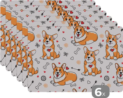 Placemat - Placemats kunststof - Hond - Corgi - Patronen - 45x30 cm - 6 stuks - Hittebestendig - Anti-Slip - Onderlegger - Afneembaar