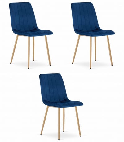 Set van 3 Eetkamerstoelen LAVA - Donkerblauw - Houtlook Metalen Poten - Velvet Bekleding - Industriële Stijl, Max. 110 kg, Ergonomisch Design, Comfortabele Zitting