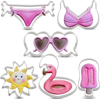 LILIAO Zomer Beach Bikini Thema Cookie Cutter Set - 6 Stuk - Bikini BH, Bikini Bodem, Zon, Flamingo Float, Popsicle en Hartvorm Zonnebril Cutter Shape - Roestvrij Staal