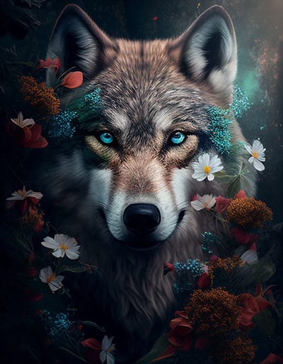 AI - Woondecoratie - Poster - Dieren - Wolf - Bloemen en jungle - 8 - 70 x 100 cm