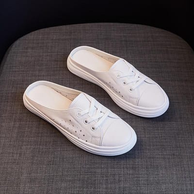 Echt Leer Baotou Muiltjes Dames Bovenkleding Zomer Nieuwe Stijl Luie Instappers Zachtzool Muiltjes Kleine Witte Schoenen 35 black
