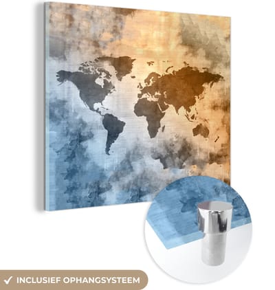 ® Glasschilderij 90x90 cm - Schilderij acrylglas - Wereldkaart - Kleuren - Vintage - Foto op glas - Muurdecoratie woonkamer - Wanddecoratie slaapkamer - Schilderijen