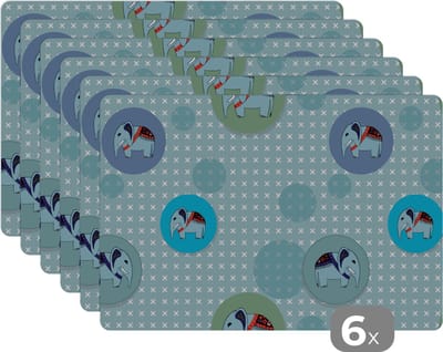 Placemat - Placemats kunststof - Olifant - Stippen - Design - 45x30 cm - 6 stuks - Hittebestendig - Anti-Slip - Onderlegger - Afneembaar