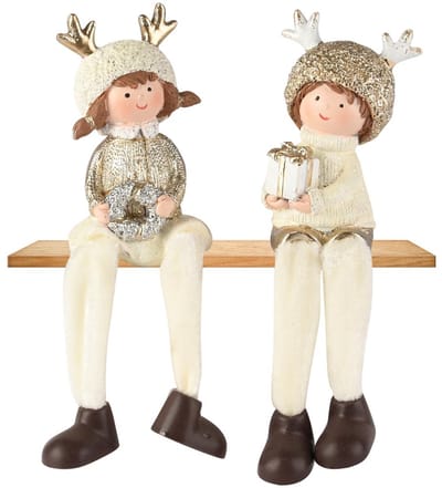 Dekoratief | Winterkindje m/hangbenen, wit/goud, resina, 6x6x10cm, set van 2 stuks | A255420