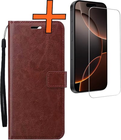 Hoes - Met Screenprotector - Geschikt voor Apple iPhone 16 Pro - Luxe Pasjeshouder - Bookcase Portemonee - Flip Case - Kunstleer Book Case - Flipcase - Book Cover - Walletcase - PortemonneeHoes - Bruin