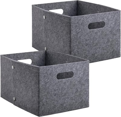 2 stuks stevige vilten mand in grijs, opvouwbare organizer, vouwdoos met drukknopen en draaggreep, opbergdoos, vilten box, rechthoekig, mandenopslag voor plank, kledingkast, thuis, kantoor