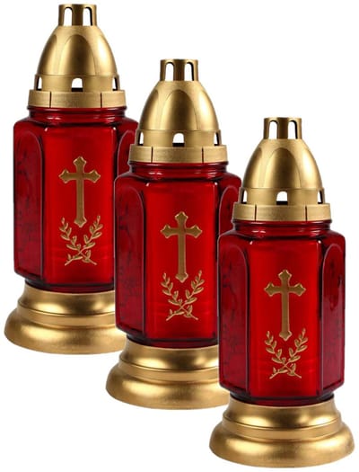 Grafkaars/gedenklicht met deksel - 3x stuks - rood/goud - 11 x 24 cm - 3 dagen brandtijd - Graflichten/herdenkingslichten