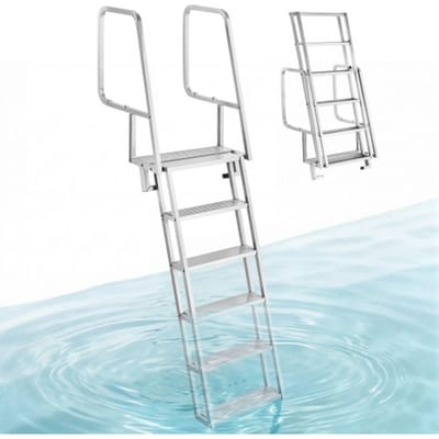 VEVOR opvouwbare aanlegsteigerladder, bootladder met 6 antislip treden, brede pedalen en leuning, draagvermogen 159 kg, aluminiumlegering zwembadladder, toegangsladder voor aanlegsteigers, zwembaden, meren, jachten, zilver