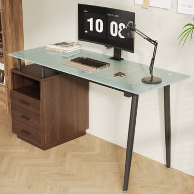 OKWISH Bureau – Met 3 Lades En Open Vak – Voor Thuiswerkplek Of Kantoor – Glas, Metaal En MDF Bruin – 130x50x75 cm