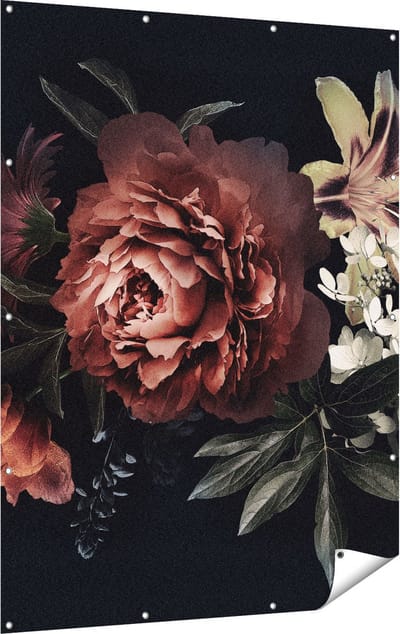Gards Tuinposter Bloemen op een Zwart Achtergrond - 120x160 cm - Tuindoek - Tuindecoratie - Wanddecoratie buiten - Tuinschilderij